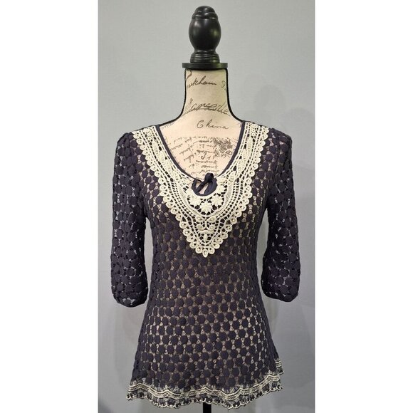 Solitaire Navy Blue Crochet Blouse With Ivory Embroidered Detailing & Tie Neck 3 - Picture 3 of 7